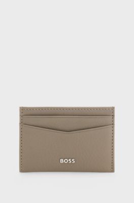 Grained-leather card holder with metal logo, Beige