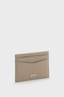 Grained-leather card holder with metal logo, Beige