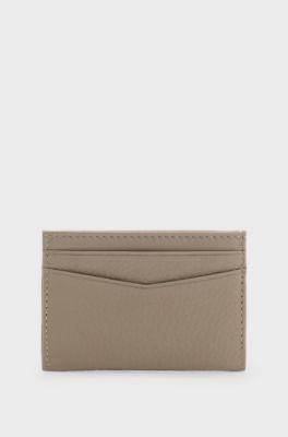 Grained-leather card holder with metal logo, Beige