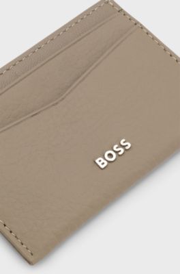 Grained-leather card holder with metal logo, Beige
