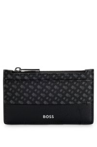 Monogram-panel card holder with zipped coin pocket, Black