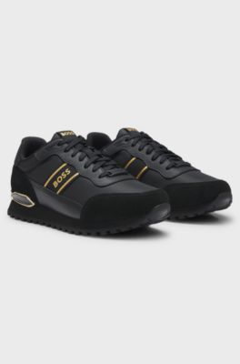 Mixed-material lace-up trainers with suede trims, Black