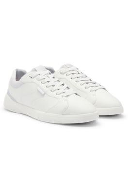 Faux-leather lace-up trainers with corduroy details, Light Grey