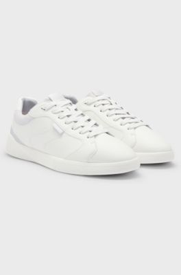 Faux-leather lace-up trainers with corduroy details, Light Grey