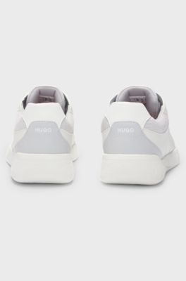 Faux-leather lace-up trainers with corduroy details, Light Grey