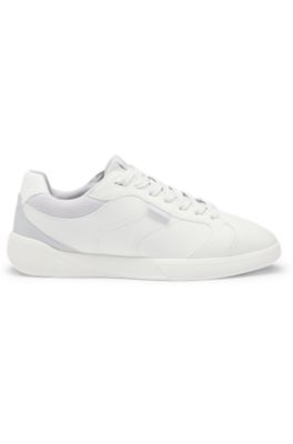 Faux-leather lace-up trainers with corduroy details, Light Grey