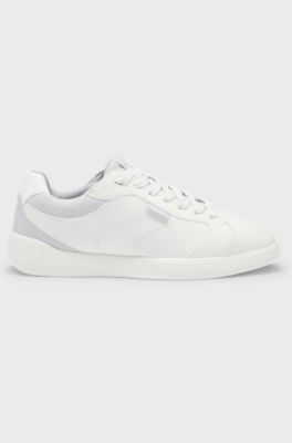Faux-leather lace-up trainers with corduroy details, Light Grey