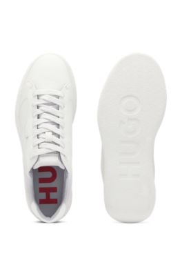 Faux-leather lace-up trainers with corduroy details, Light Grey