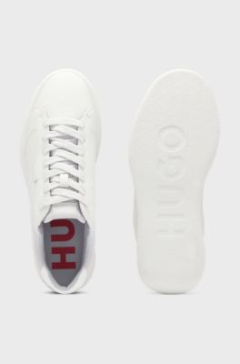 Faux-leather lace-up trainers with corduroy details, Light Grey