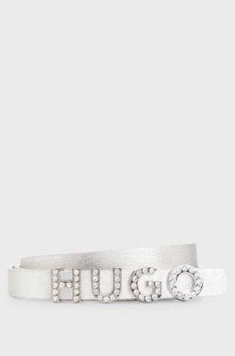 Italian-leather belt with crystal logo and full lining, Silver