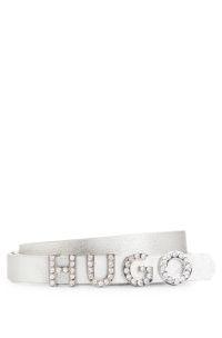 Riem van Italiaans leer met kristallen logo en volledige voering, Zilver