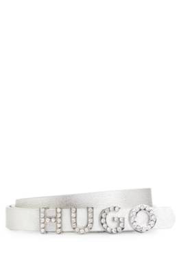 Hugo Italian-leather Belt With Crystal Logo And Full Lining In Metallic