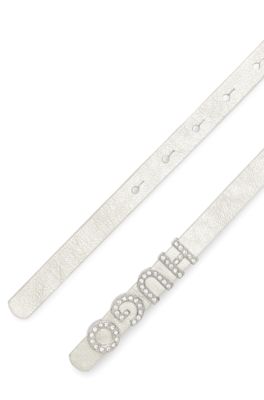 Italian-leather belt with crystal logo and full lining, Silver