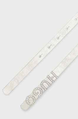 Italian-leather belt with crystal logo and full lining, Silver