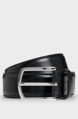 Italiaanse leren riem met gepolijste logogesp, Zwart