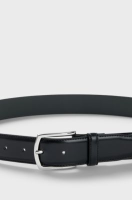 Ceinture en cuir italien avec boucle logo lustr&eacute;e, Noir