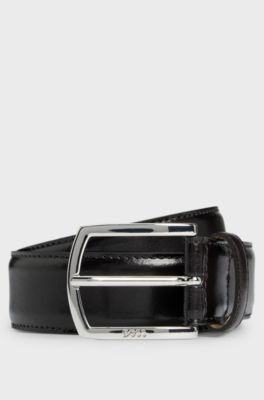 Italian-leather belt with polished logo buckle, Dark Brown