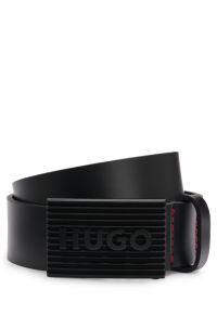 Ceinture en cuir italien avec boucle plate logotée noir mat, Noir