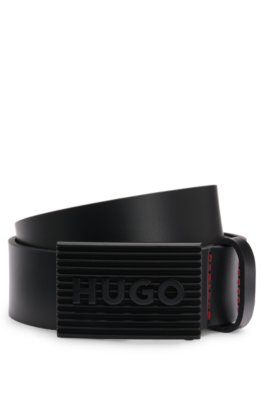 Ceinture en cuir italien avec boucle plate logotée noir mat