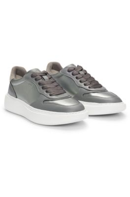 Faux-leather trainers with silver-tone details, Silver