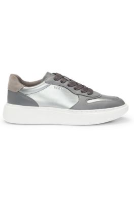 Faux-leather trainers with silver-tone details, Silver