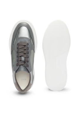 Faux-leather trainers with silver-tone details, Silver