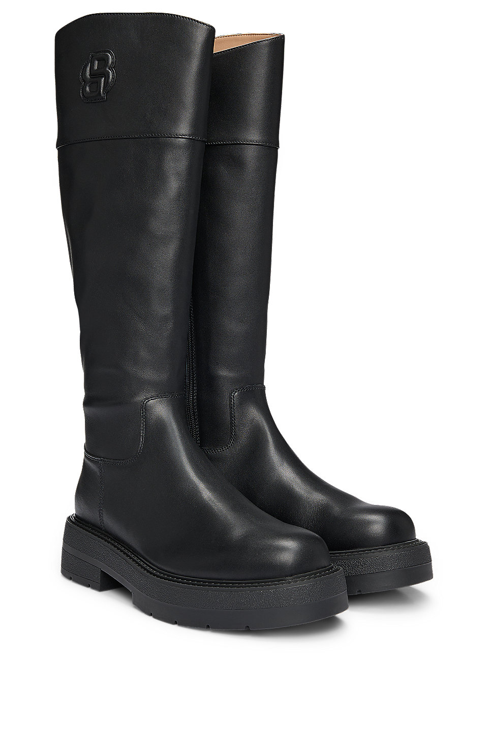 BOSS - Leather knee boots with padded Double B monogram - Black BOSS - Leather knee boots with padded Double B monogram - Black