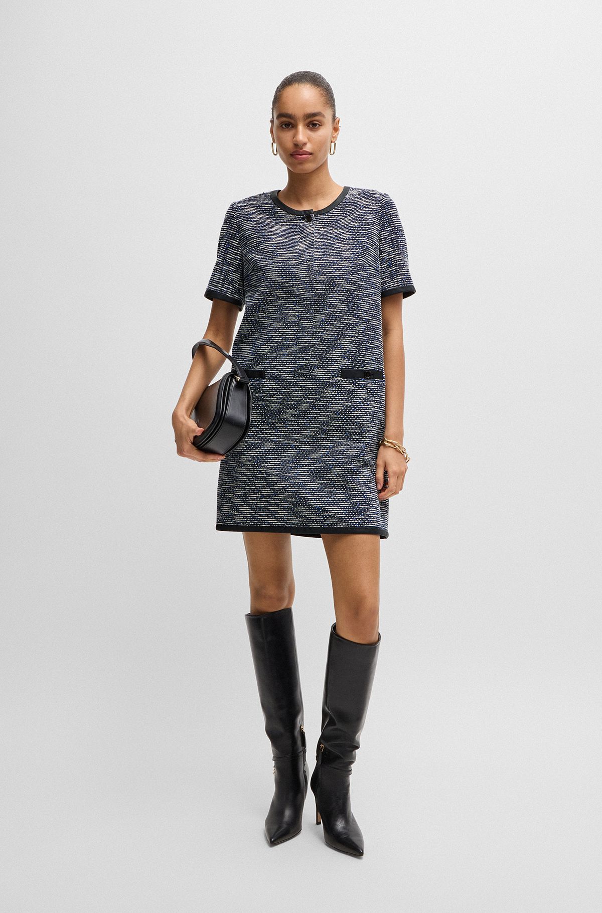 Relaxed-fit dress in cotton-blend tweed, Blue Patterned