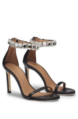 BOSS - High-heeled sandals in nappa leather with rhinestone strap - Black