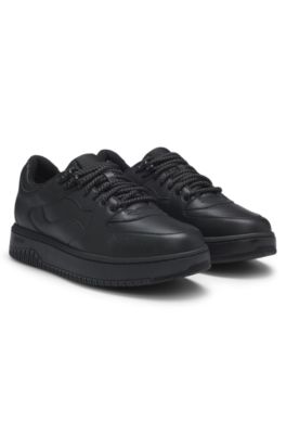 Lace-up trainers in tumbled leather, Black