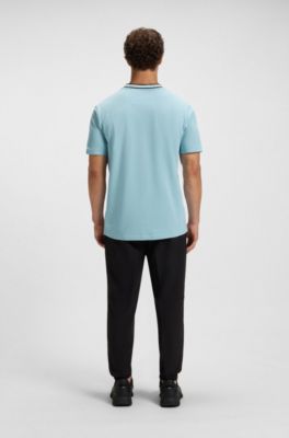 Cotton-piqu&eacute; T-shirt with jacquard-woven back collar, Light Blue