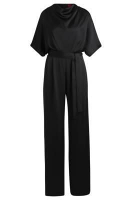 Hugo Cowl-neck Regular-fit Jumpsuit In Fluent Satin In Blue