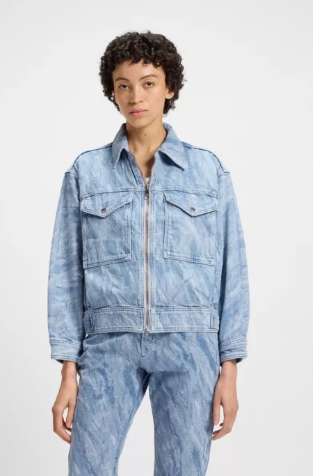 Oversized-fit bomber jacket in blue distressed denim