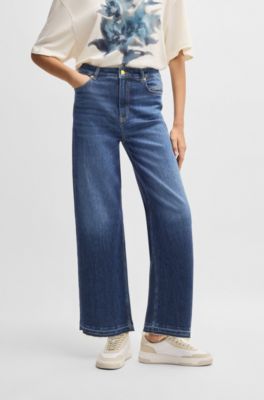 Wide-leg jeans in indigo stretch denim, Dark Blue