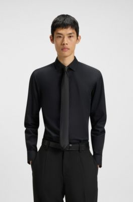 Cravatta in misto seta con trama a tinta unita, Nero