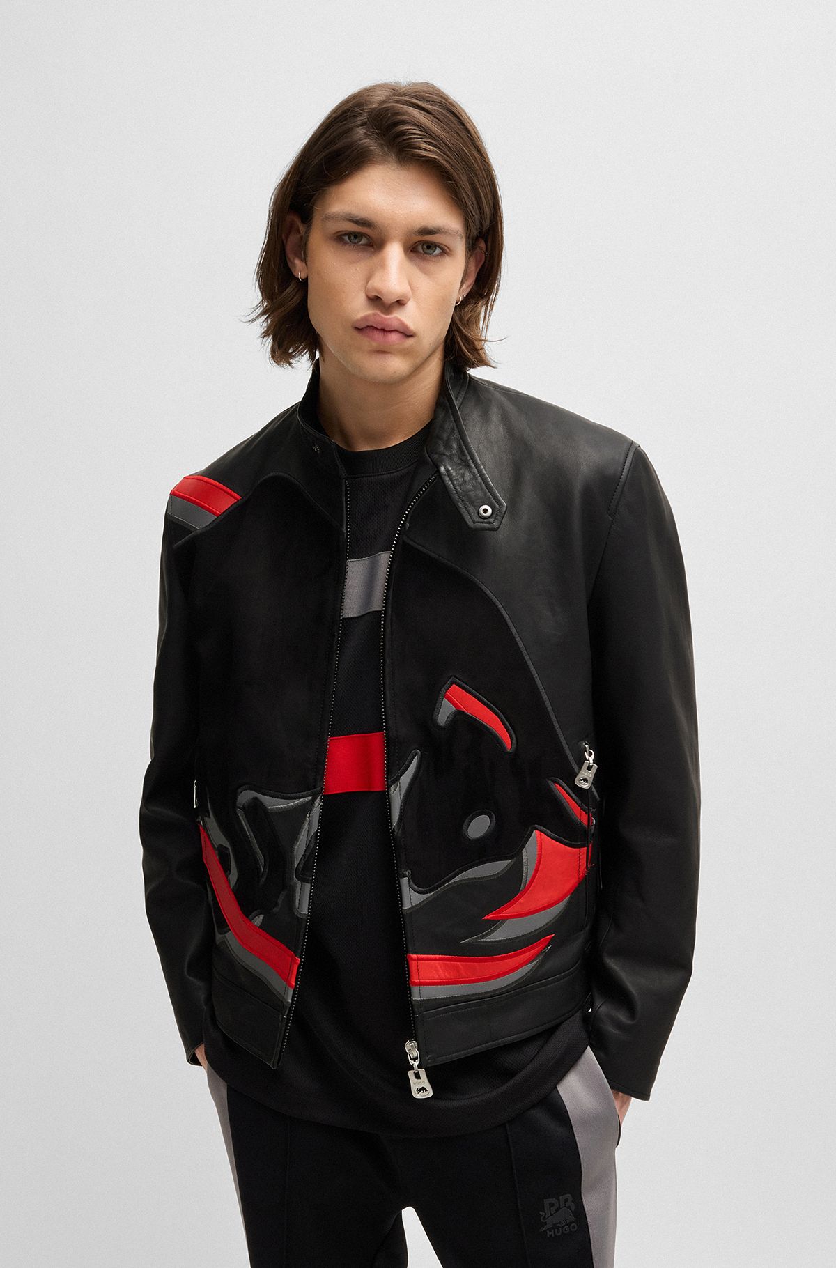 HUGO x RB slim-fit leather jacket with signature bull motif, Black