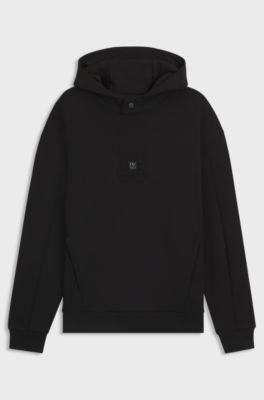 Sweat &agrave; capuche en coton m&eacute;lang&eacute; interlock avec logos revisit&eacute;s, Noir