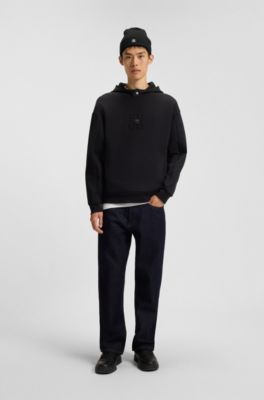 Sweat &agrave; capuche en coton m&eacute;lang&eacute; interlock avec logos revisit&eacute;s, Noir