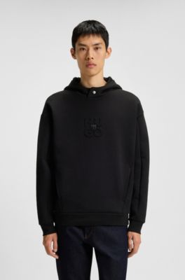 Sweat &agrave; capuche en coton m&eacute;lang&eacute; interlock avec logos revisit&eacute;s, Noir