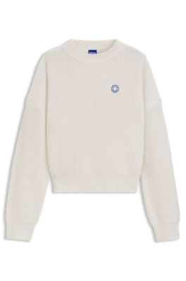 Relaxed-fit sweater with Happy HUGO patch, Natural