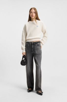 Relaxed-fit sweater with Happy HUGO patch, Natural