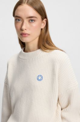 Relaxed-fit sweater with Happy HUGO patch, Natural