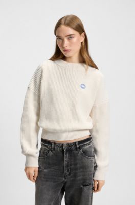 Relaxed-fit sweater with Happy HUGO patch, Natural