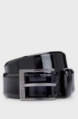 Italian patent-leather belt with logo buckle, Black