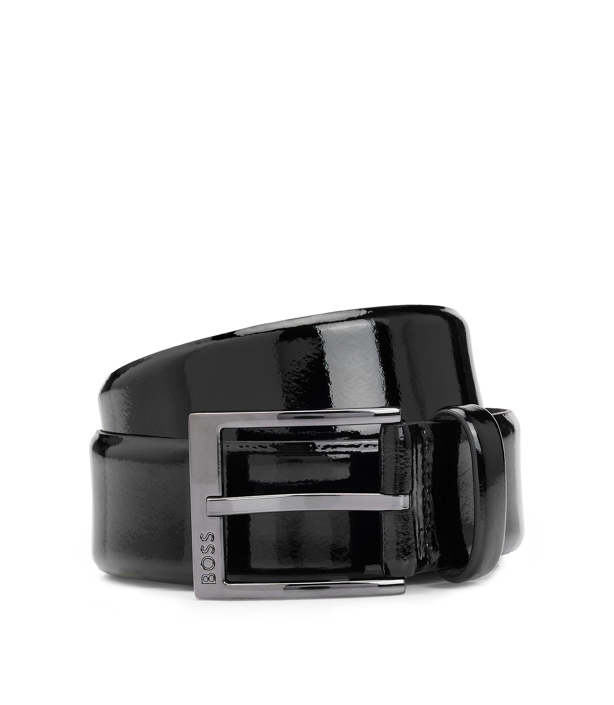BOSS - イタリアン パテントレザー ベルト ロゴバックル - ブラック BOSS - イタリアン パテントレザー ベルト ロゴバックル - ブラック