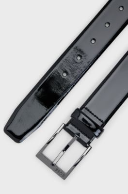 Italian patent-leather belt with logo buckle, Black