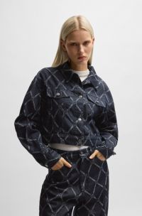 Veste courte esprit camionneur avec motif à logos revisités, Bleu foncé