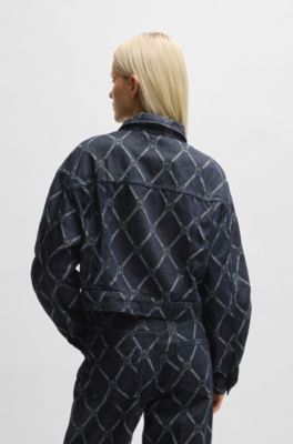 HUGO - Cropped trucker jacket with stacked-logo motif - Dark Blue