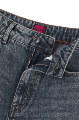 다크 블루 스트레치 데님 테이퍼드 핏 맘 진, 블루