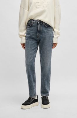 Tapered-fit mom jeans in dark-blue stretch denim, Blue